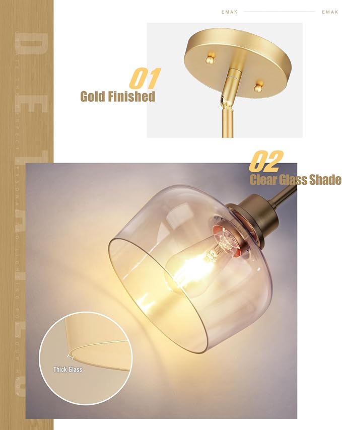 Emak 8 Inch Pendant Lights Kitchen Island, 2 Pack Gold Pendant Light Fixtures with Clear Glass Shade, Modern Island Lights for Kitchen, Dining Room, Bathroom, PL122-GD-CG-2PK