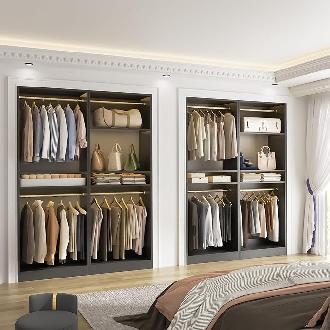 Unikito 100 Inch Large Closet System, 8.3FT Wood Closet Organizer Kit with 8 Hanging Rods, Adjustable Walk in Wardrobe Closet Tower, Sturdy Luxury Clothes Garment Rack, Easy Assembly, Set of 4, Black