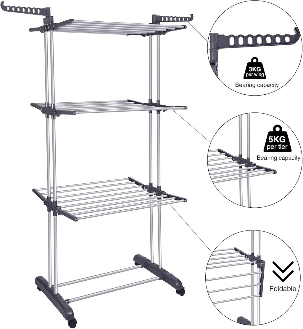 Bigzzia Clothes Drying Rack Folding Drying Rack Clothing 4 Tier Clothes Horses Rack Stainless Steel Laundry Drying Rack with Two Side Wings Grey