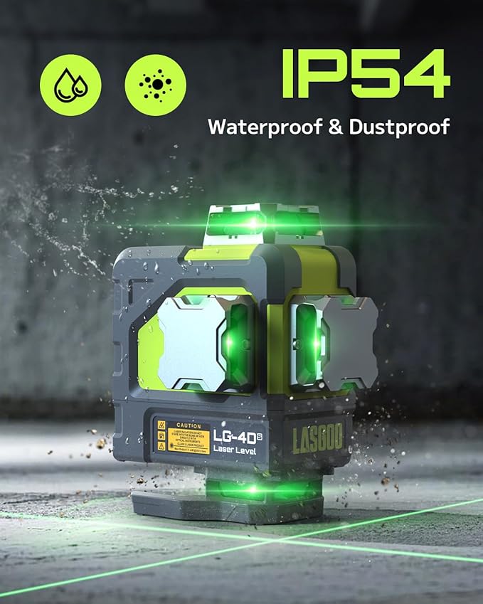 LasGoo 4x360° Self-Leveling Laser Level, 16 Lines Green Cross Line Laser, for Construction Projects and Home Decoration, with 2 Rechargeable Li-Ion Batteries and Magnetic Bracket, LG-4Ds