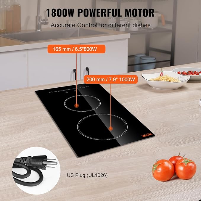 VEVOR Built in Electric Stove Top, 12 inch 2 Burners Ceramic Cooktop, Glass Radiant Cooktop with Sensor Touch Control, Timer & Child Lock Included, 9 Power Levels for Simmer Steam Slow Cook Fry,110V