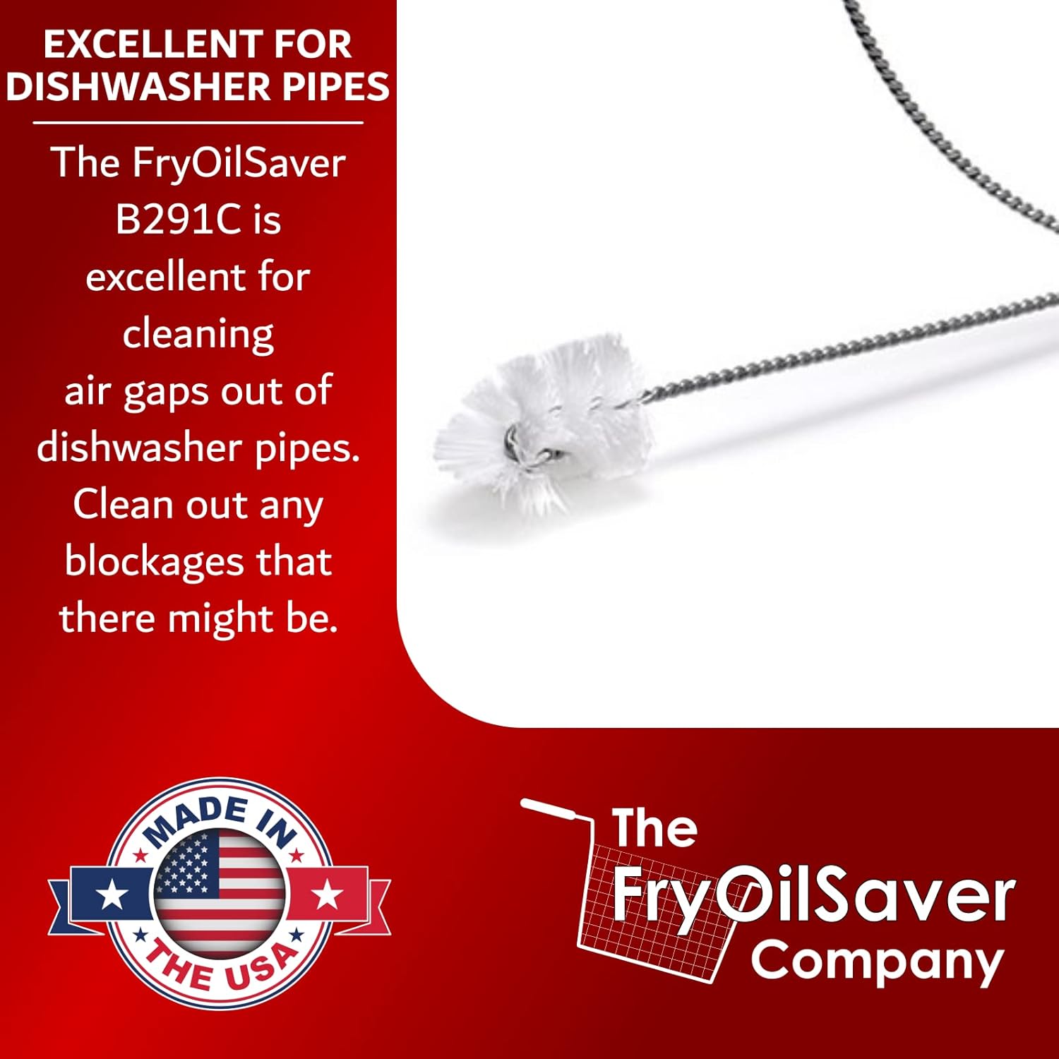 48" Air-Gap Drain Pipe Cleaning Brush, Flexible Dishwasher Cleaning Brush in Home & Commercial Kitchen Pipes, Garbage Disposal, Sink, Unclogger Long Sink Snake Drain Pipe Tool by FryOilSaver Co B291C