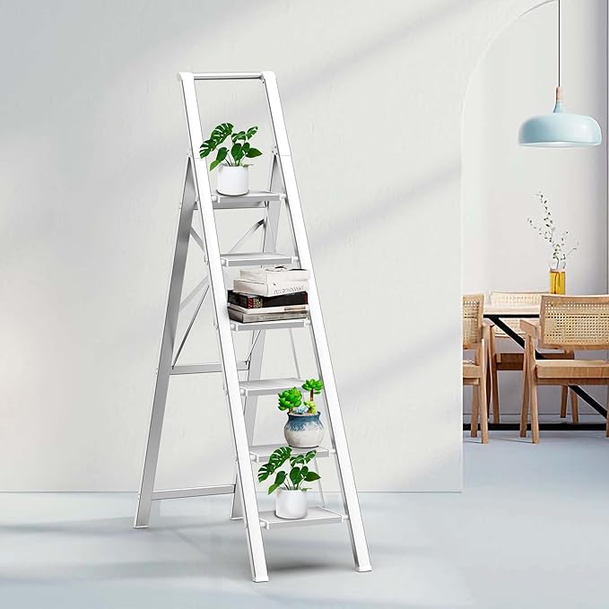 GameGem 6 Step Ladder for 12 Feet High Ceiling, Lightweight Aluminum Folding Step Stool with Convenient Handgrip, Stepladders with Anti-Slip and Wide Pedal for Home Use Space Saving - White
