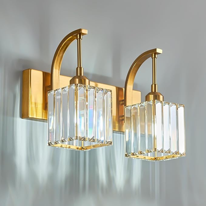Crystal Vanity Lights 2-Light Gold Wall Lamp Modern Crystal Bathroom Light Fixtures Over Mirror 13.77" Long Bathroom Wall Sconce