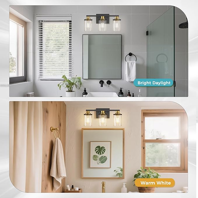 DORESshop Bathroom Light Fixtures, 3-Light Black and Gold Bathroom Lights Over Mirror with Clear Glass Shade,Vanity Lights for Bathroom Hallway Bedroom Living Room, ETL Listed
