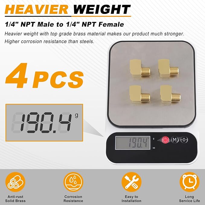 KOOTANS 4pcs 1/4 NPT 90 Degree Barstock Street Elbow Brass Fittings, 1/4" NPT Male to 1/4" NPT Female Thread Elbow Forged Brass Pipe Fitting