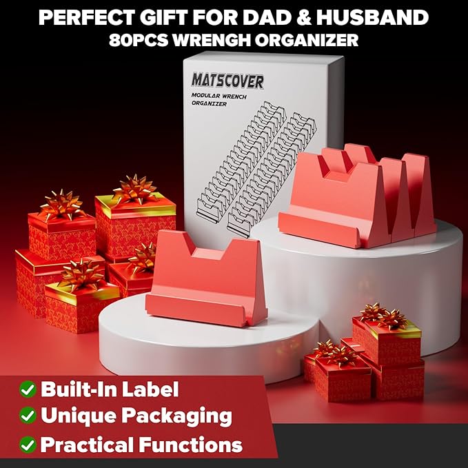 80PCS Modular Wrench Organizer Wrench Holder - Wrench Tool Organizers for Tool Drawer Storage, Wrench Storage Set with Metric & SAE Label, Wrench Rack Tool Gift for Professional Mechanics Men, Red