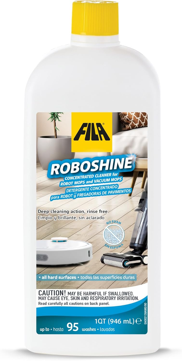 FILA Surface Care Solutions, ROBOSHINE, Detergent for All Robot Vacuum and Mop Combo and Wet Dry Vacuum Cleaner, Up to 100 Washes, Hard Floor Cleaner Mop Liquid for All Floor Tiles, 1Qt