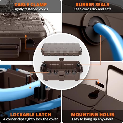 QUOBAS Outdoor Waterproof Electrical Box with 6 Cable Ports, IP54 Weatherproof Heavy-Duty Extension Cord Cover for Power Strips, Garden Power Tools, Holiday Lights, Brown