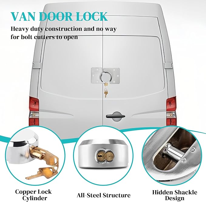 2 Pack Van Door Lock, 73MM Heavy Duty Solid Steel Hidden Shackle Padlock and Hasp Set Keyed Different, with 4pcs Keys and 80mm Screws for Vans, Trucks, Gates, Trailer
