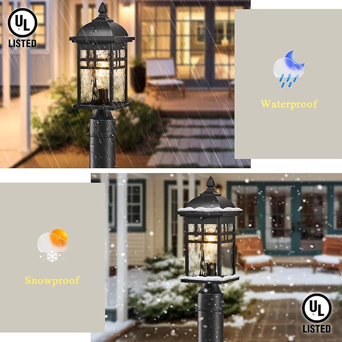Outdoor Post Lights Black Exterior Pillar Lamp Aluminum Lamp Body and Water Ripple Glass Shade 22 Inch Height Outdoor Post Lighting Fixture for Yard Pathway and Driveway