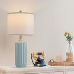 Lamp for Living Room Bedroom Lamps Farmhouse Table Lamps Set of 2 Vertical Stripe Ceramic Table Lamp,Linen Shade with Bulb, 25 in High,Light Blue