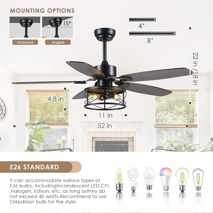 52" Black Ceiling Fan with Light & Remote, Timer, 5 Wood Blades - Rustic Flush Mount Fandelier, 6-Speed Reversible, Indoor/Outdoor for Bedroom, Living Room, Kitchen, Patio