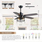 52" Black Ceiling Fan with Light & Remote, Timer, 5 Wood Blades - Rustic Flush Mount Fandelier, 6-Speed Reversible, Indoor/Outdoor for Bedroom, Living Room, Kitchen, Patio