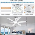 56inch Modern White Ceiling Fans with Lights and Remote/App Control, Dimmable LED, Reversible DC Motor, Noiseless, 6 Double-side Blade Low Profile Ceiling Fan for Livingroom Indoor/Outdoor Use