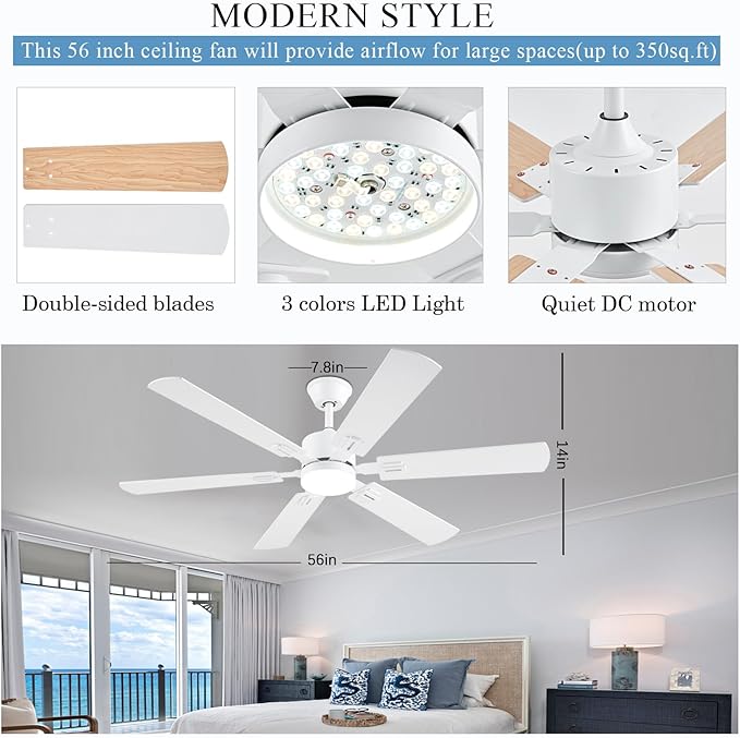 56inch Modern White Ceiling Fans with Lights and Remote/App Control, Dimmable LED, Reversible DC Motor, Noiseless, 6 Double-side Blade Low Profile Ceiling Fan for Livingroom Indoor/Outdoor Use