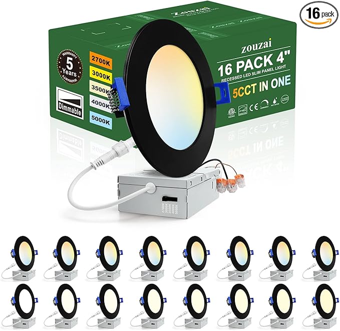 zouzai 16 Pack 4 Inch 5CCT Reset,Black LED Recessed Lights Dimmable 2700K/3000K/3500K/4000K/5000K, 9W Ultra Thin Recessed Lighting - ETL and Energy Star Certified