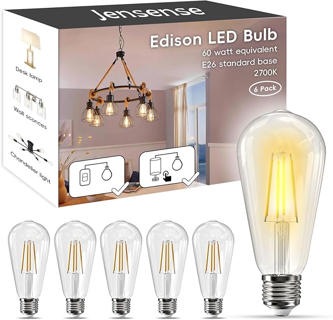 Jensense Edison LED Light Bulbs E26 LED Bulb 60 watt Equivalent Dimmable Light Bulbs 2700K Warm Soft White Vintage 7W LED Edison Bulbs 110V 120V 800 Lumen CRI90, 6 Pack