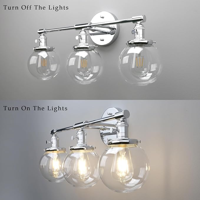 Phansthy 3-Light Wall Sconces Antique Brass Vanity Light, Industrial Wall Lamps with On Off Switch and Clear Glass Lampshade, Vintage Wall Lighting for Bathroom Living Room (Chrome, Globe Shade)