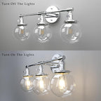Phansthy 3-Light Wall Sconces Antique Brass Vanity Light, Industrial Wall Lamps with On Off Switch and Clear Glass Lampshade, Vintage Wall Lighting for Bathroom Living Room (Chrome, Globe Shade)