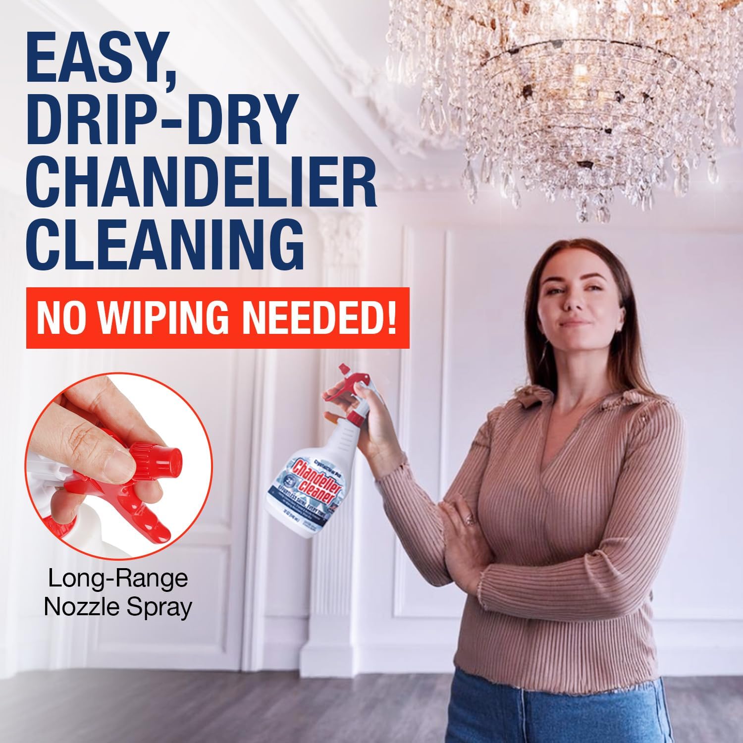 Chandelier Cleaner Drip Dry Spray - No Wipe Formula for Effortless, Streak-Free Shine on Crystal, Glass & Brass - Sprays up to 25 feet! Biodegradable, Non-Toxic & Time-Saving, 32 oz - Made in USA