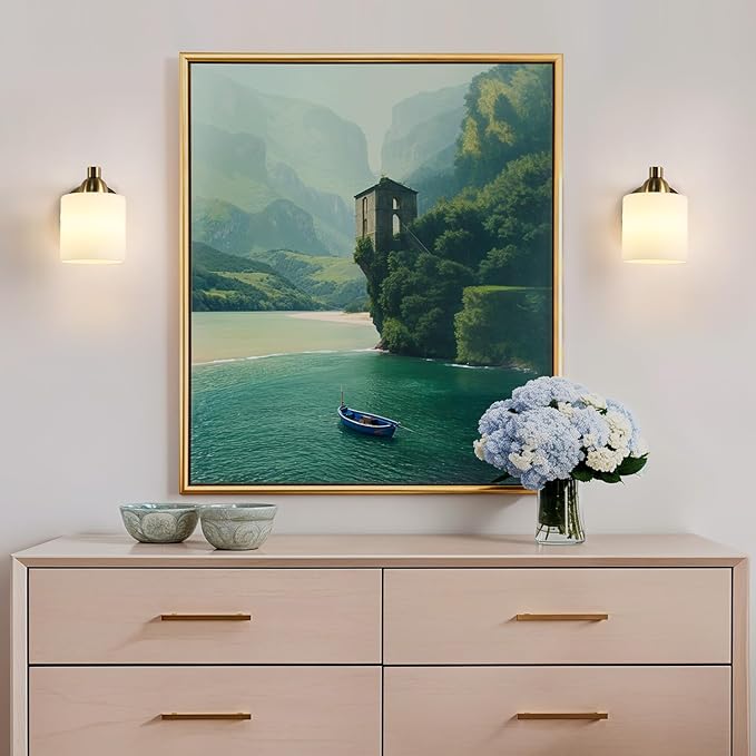 Gold Milk Glass Wall Sconces, 1 Pack Hardwired Indoor Wall Light Fixtures for Living Room, Hallway, Bedroom, Ceramic E26 Sockets (Bulbs Not Included)