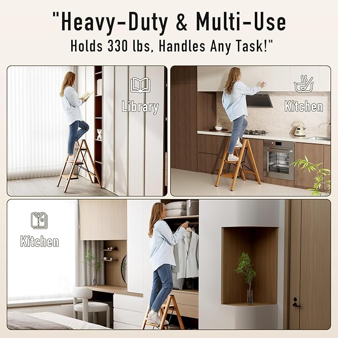 3 Step Ladder,Aluminum Folding Step Stool for Adults,Step Ladder with Wide Anti-Slip Pedal,330 lbs Capacity for Home,Office,Kitchen,Library(Woodgrain