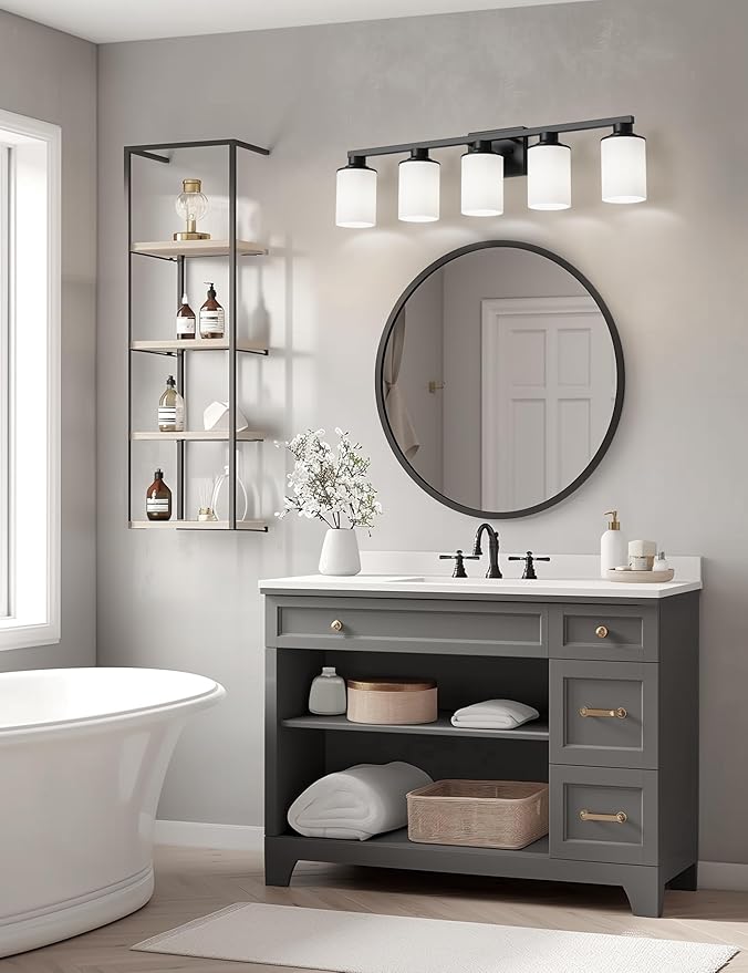 DORESshop 5-Light Black Bathroom Light Fixture Over Mirror with Milk Glass Shade, Modern Vanity Lights for Hallway Living Room Bedroom, ETL Listed