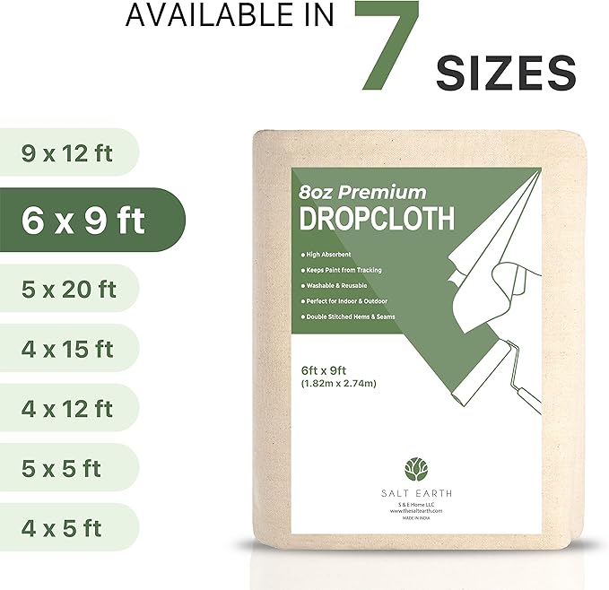 Canvas Drop Cloth by Salt Earth, Pack of 1 Reusable Paint Drop Cloth, 100% Recycled Cotton, All Purpose Painters Drop Cloth, Cotton Canvas Tarp Cover for Painter Furniture & Floor Protection (6x9 FT)