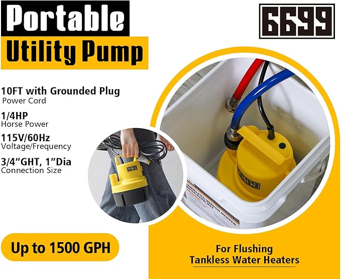 Tankless Water Heater Flushing Kit Includes 1/4HP Submersible Utility Pump with Two Plastic Adapters & 3 Gallons Pail with Bucket Lid Opener & Two 1/2” X 6’ PVC Hoses with Washers Easy to Clean