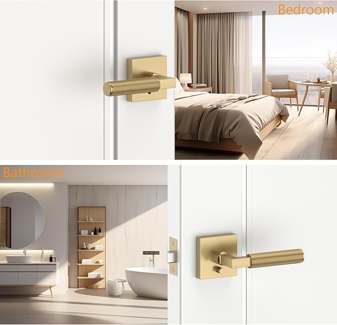 Amerdeco 3 Pack Privacy Door Handles, Champagne Bronze Interior, Knurled Lever, Heavy Duty for Bedroom and Bathroom, Reversible Keyless for Right & Left Side AM0021