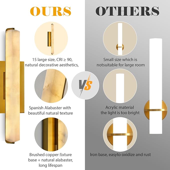 Alabaster Wall Sconces Set of Two, 15in Brass Alabaster Sconce, Modern Spanish Natural Marble Sconces Lights, Rectangle Gold Sconces for Bathroom Vanity Bedroom Living Room Staircases Hallway