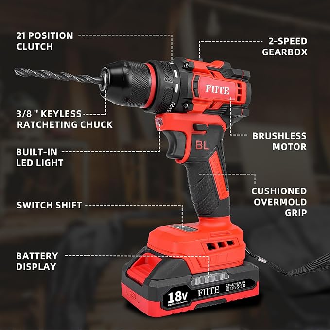 Power Drill, Cordless Drill with 2 × 2.0Ah Batteries, 3/8 inch Cordless Drills, 45Nm Small Drills Cordless, electric drill&LED Light, power drill cordless for Drilling and Tightening/Loosening Screws