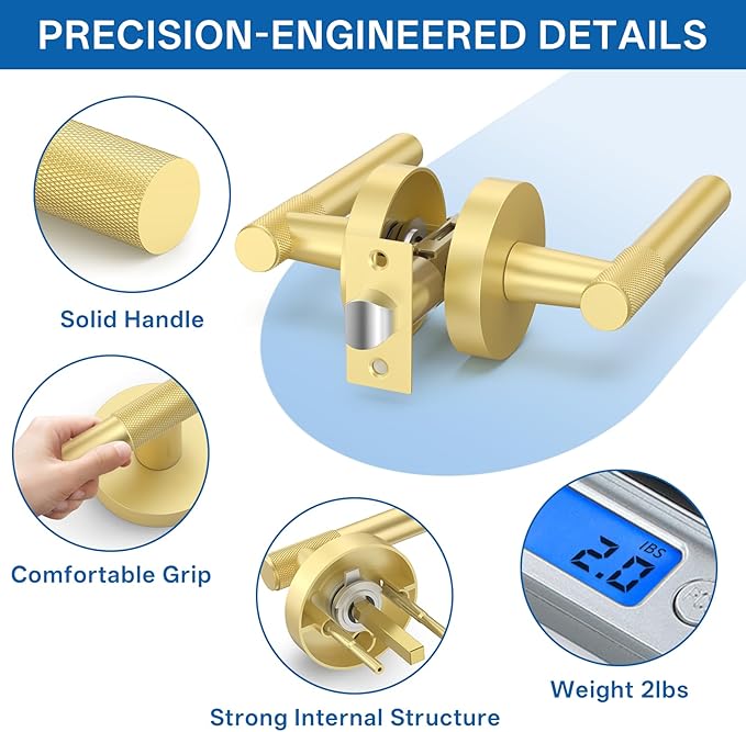 Amerdeco 3 Pack Brushed Gold Door Handles Interior, Knurled Passage Door Handles,Gold Door Lever for Bedroom or Bathroom,Reversible Keyless for Left Right Handed Doors AM0027