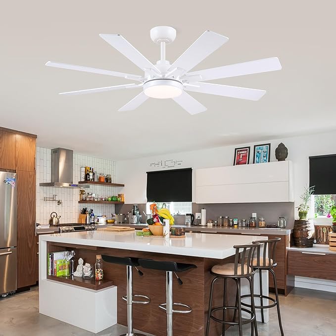 52 Inch Ceiling Fans with Lights and Remote/APP Control, Modern Ceiling Fan for Bedroom Living Room Patio Porch Indoor Outdoor, 6 Speeds, Reversible Quiet Motor, 8 Wood Blades, White