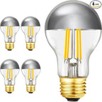 Half Chrome Light Bulb 6W (60 Watt Equivalent), Dimmable A19 2700K Warm White Decorative LED Edison Bulb, E26 Silver Tipped Light Bulb,A60,AC120V, Pack of 4