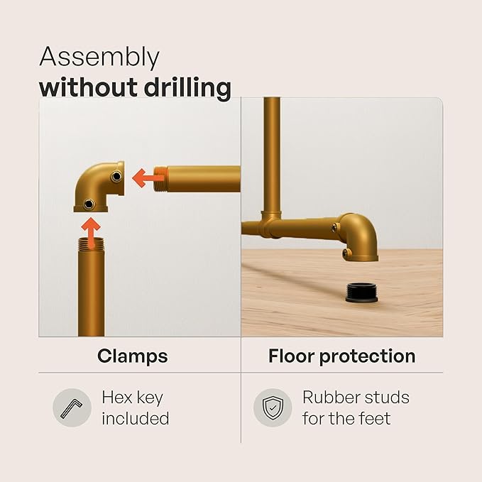 pamo Gold Clothing Rack – 76.77" W x 76.38" H – Industrial Pipe Metal Garment Organizer for Bedroom or Retail – Heavy-Duty Clothes Rack – Easy Assembly