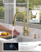 APPASO Touchless Kitchen Faucets Gold, Brushed Gold Kitchen Faucet Touchless, Touchless Kitchen Faucet with Pull-Down Sprayer and Soap Dispenser, Stainless Hands Free Faucet for Kitchen Sink 2-4 Hole