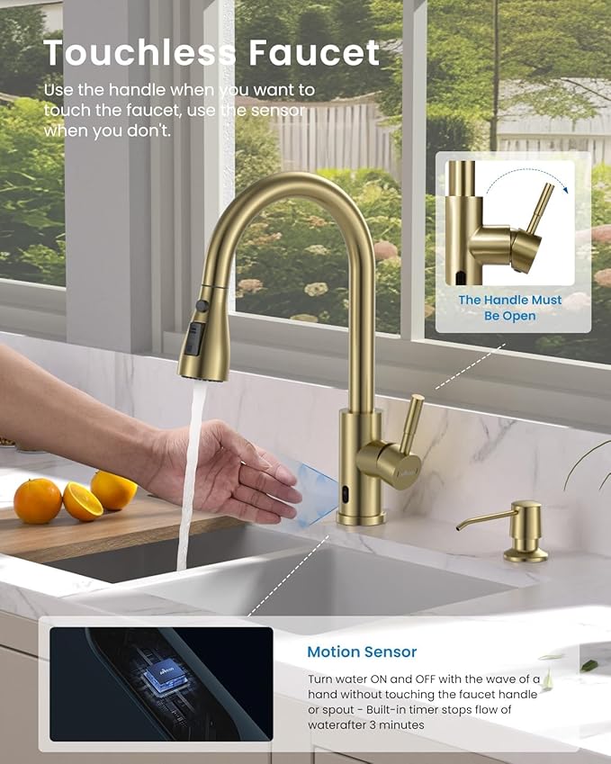 APPASO Touchless Kitchen Faucets Gold, Brushed Gold Kitchen Faucet Touchless, Touchless Kitchen Faucet with Pull-Down Sprayer and Soap Dispenser, Stainless Hands Free Faucet for Kitchen Sink 2-4 Hole