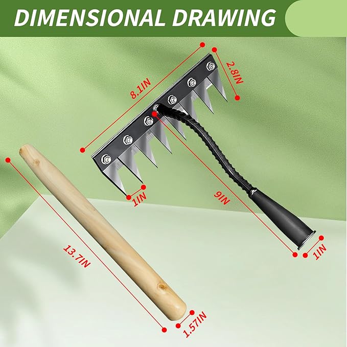 Upgraded Weed Puller Tool, Rust-Proof Manual Weed rake (cultivates Soil with Wooden Handle), 8-Tine Manganese Steel Iron rake for Gardening/Weeding, Gardinia uprooting Tool
