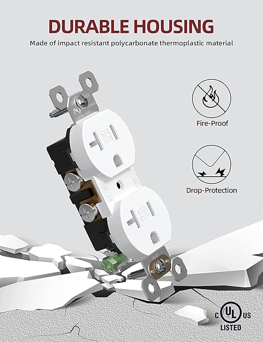 AIDA 20 amp Outlet Duplex Electrical Receptacle Outlets,Tamper Resistant,Heavy-Duty Receptacle Wall Outlet,Residential,TR,3-Wire, Self-Grounding Clip, NEMA 5-20R,UL Listed 50 Pack, White