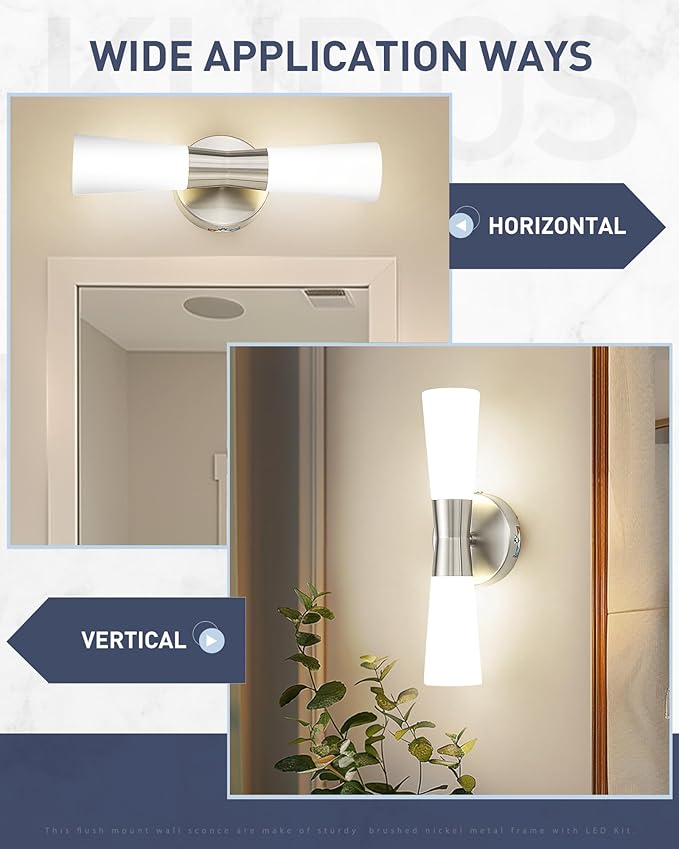 kudos Wall Sconces 16inches Brushed Nickel Vanity Light Fixtures, Modern Sconces Wall Lighting with Milk White Glass, Dimmerable 3000K/4000K/5000K for Bathroom Bedroom, KDVL13-BN