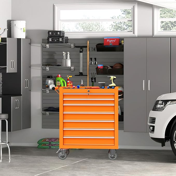 7-Drawer Rolling Tool Chest with Wheels, Tool Box with Locking System and Sliding Drawers, Tool Box Organizer for Garage, Warehouse, Workshop(Orange)
