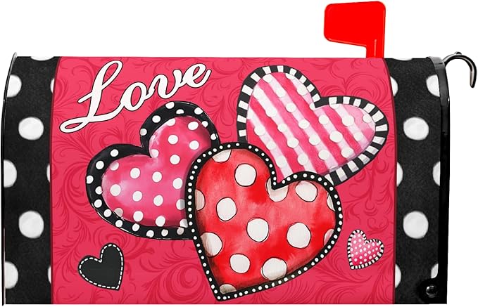 Kawani Valentine's Day Love Hearts Mailbox Covers Magnetic Red Pink and Black Polka Dots Mailbox Covers Magnetic Standard Size 21x18 Inch Holiday Post Letter Box Cover for Garden Yard Decor
