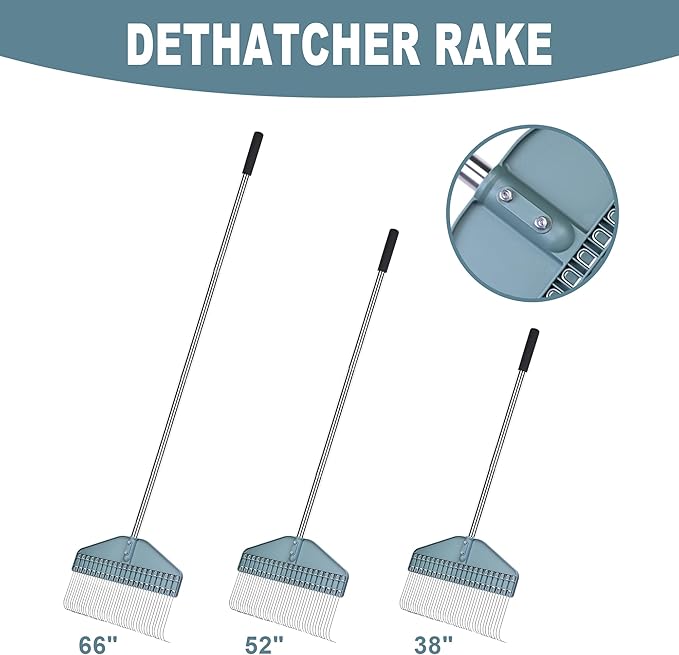 Thatch Rake & Leaves Rake 66-Inch Adjustable S/S Handle Heavy-Duty Design for Garden Lawns and Farms Ideal for Cleaning Up Dead Grass Fallen Leaves and Animal Bedding Dethatcher rake
