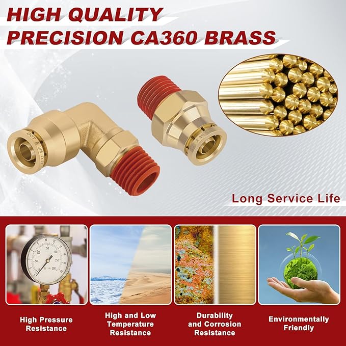 3/8” Quick Push to Connect Fittings Brass Male Straight and Elbow Combination DOT Approved 3/8" Tube OD x 1/4" NPT Thread Air Brake Line Adapter Air Suspension Kit Air Hose Repair Kit 30pcs