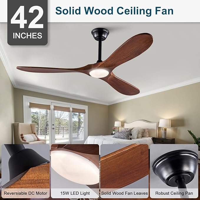 42 Inch Wood Ceiling Fan with Lights and Remote, Modern 3 Blade Fan, 6 Speed DC Motor for Indoor/Outdoor Use, Living Room, Bedroom, Patio