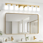 Bathroom Vanity Light,8-Light Brushed Gold Bathroom Light Fixtures with Square Frosted Glass,Gold Wall Lamp Sconces for Mirror Bedroom,Living Room Hallway,E26