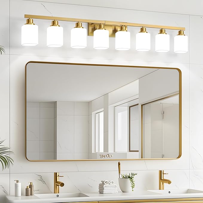 Bathroom Vanity Light,8-Light Brushed Gold Bathroom Light Fixtures with Square Frosted Glass,Gold Wall Lamp Sconces for Mirror Bedroom,Living Room Hallway,E26