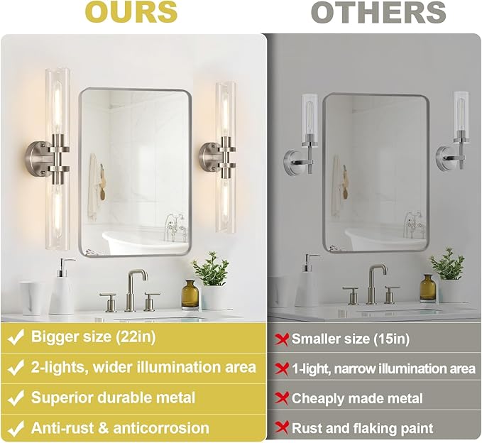 Wall Sconces Set of Two, Hardwired Brushed Nickel Bathroom Sconces Wall Lighting with Clear Glass, Modern Sconces Wall Decor Set of 2 Bathroom Light Fixtures for Mirror Hallway (Bulbs Not Included)